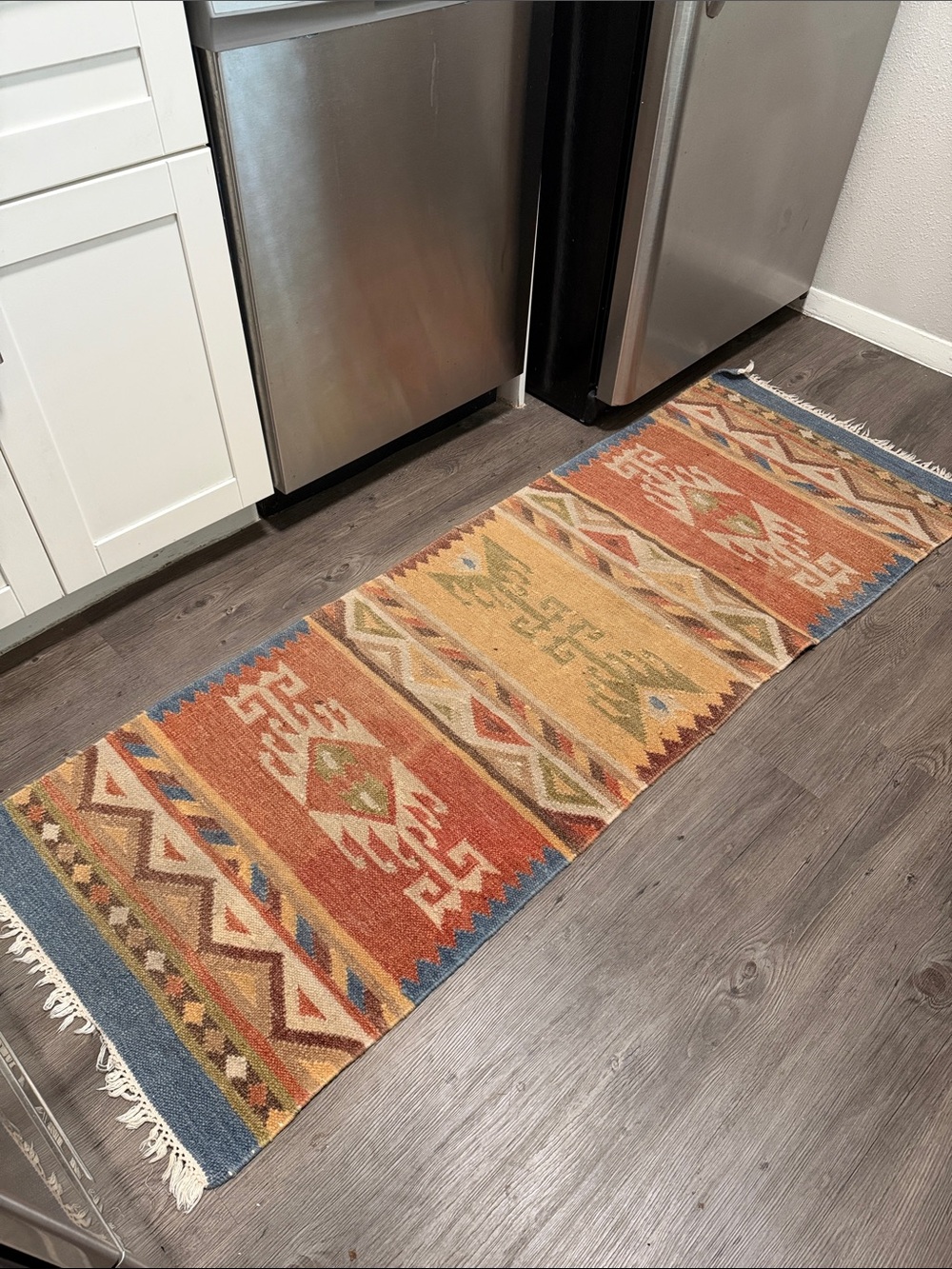 Handwoven Boho Kilim Runner Rug - Rust & Gold